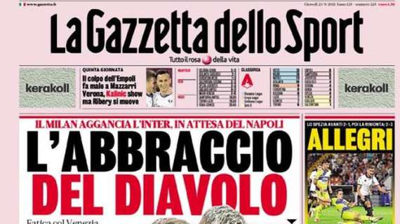 La Gazzetta dello Sport in apertura sulla vittoria del Milan: "L'abbraccio del Diavolo"