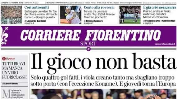 Corriere Fiorentino in prima pagina sull’1-1 viola contro la Juventus: “Il gioco non basta”