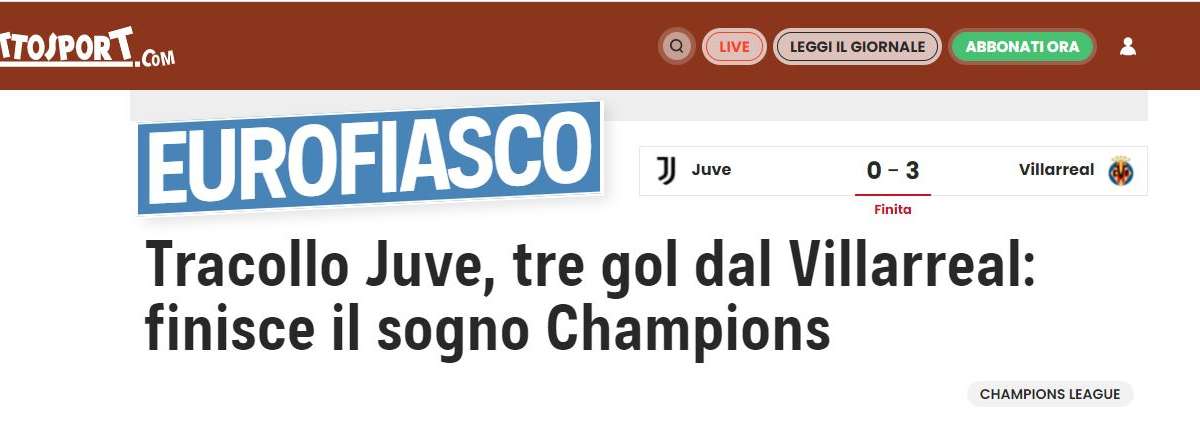 Da "figuraccia" a "eurofiasco": le aperture online dei media italiani dopo il clamoroso ko Juve