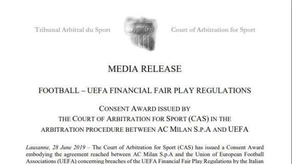 Milan fuori dall'Europa League, la sentenza integrale: accordo con l'UEFA